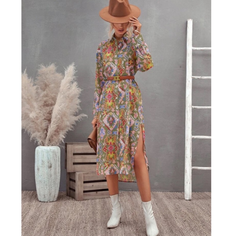 SHEIN Damask print thigh high low cut split dress